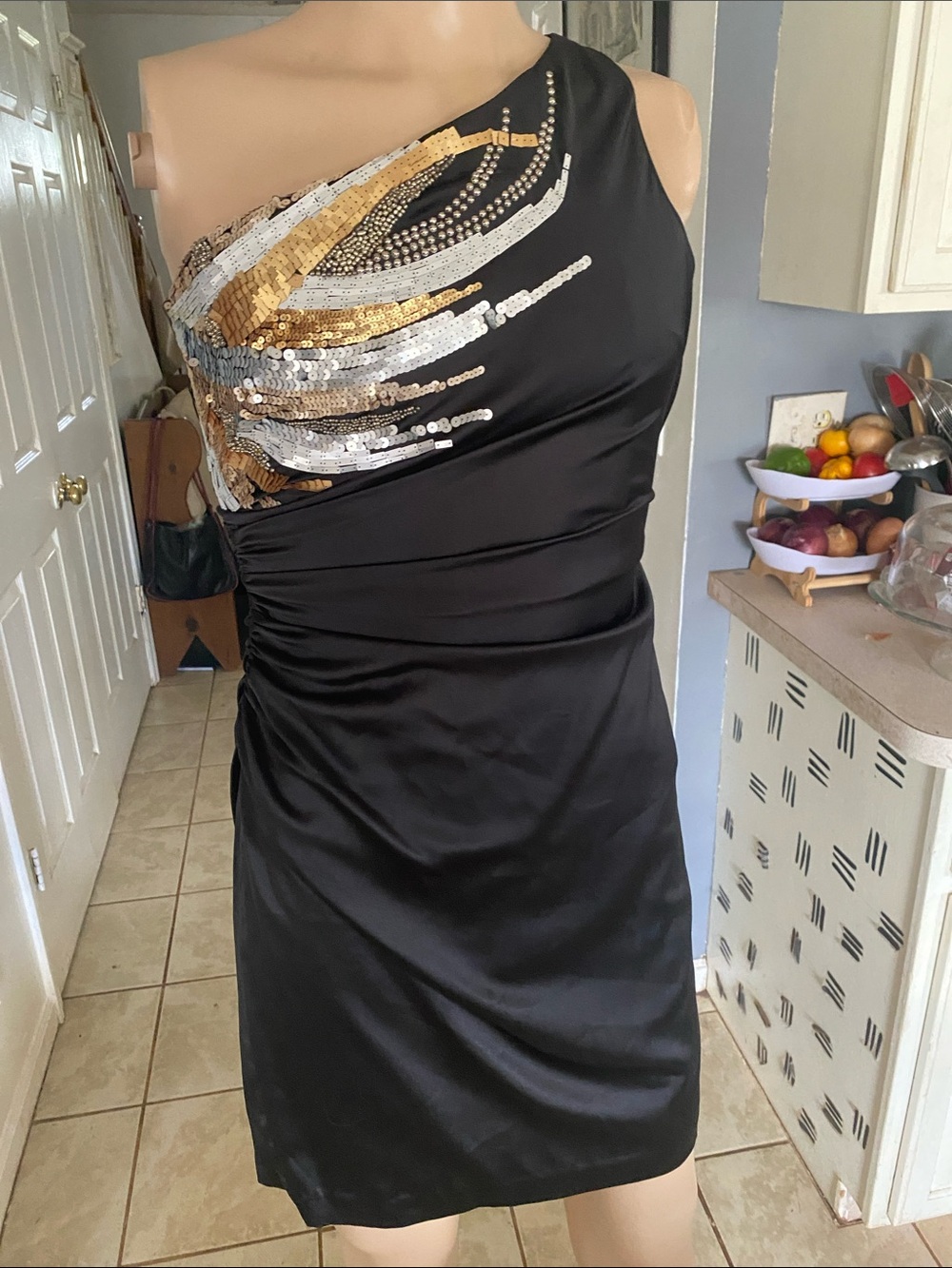 Aidan Mattox Black One-Shoulder Dress with Gold & Silver Sequin Detail